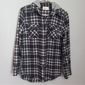 Inso Collection Blk, Wht & Grey Plaid  Flannel with Detachable Hood EUC
